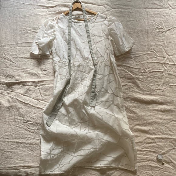 Millie + Lou Semi-sheer upcycled puff sleeve white dress with tie - Picture 1 of 3